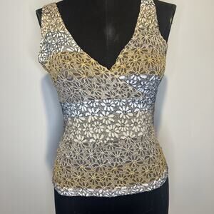 Y2K Timing USA V-neck Dressy Tank, Y2K, Gold, Gray Lace